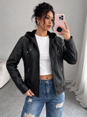 F-Collections Ferrari Collection Vegan Leather Hooded Jacket | Women’s L | Black